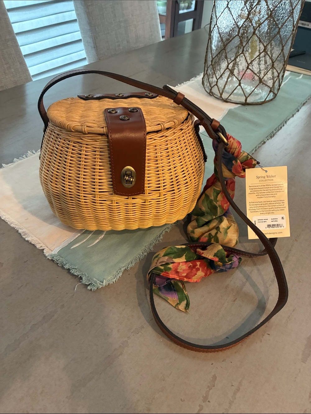 Patricia Nash woven Crossbody Bag with Brown Leather Trim and Floral Scarf